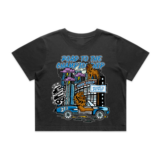 DETROIT ROAD TO THE CHAMPIONSHIP LADIES HEAVY FADED CROP TEE - BLACK