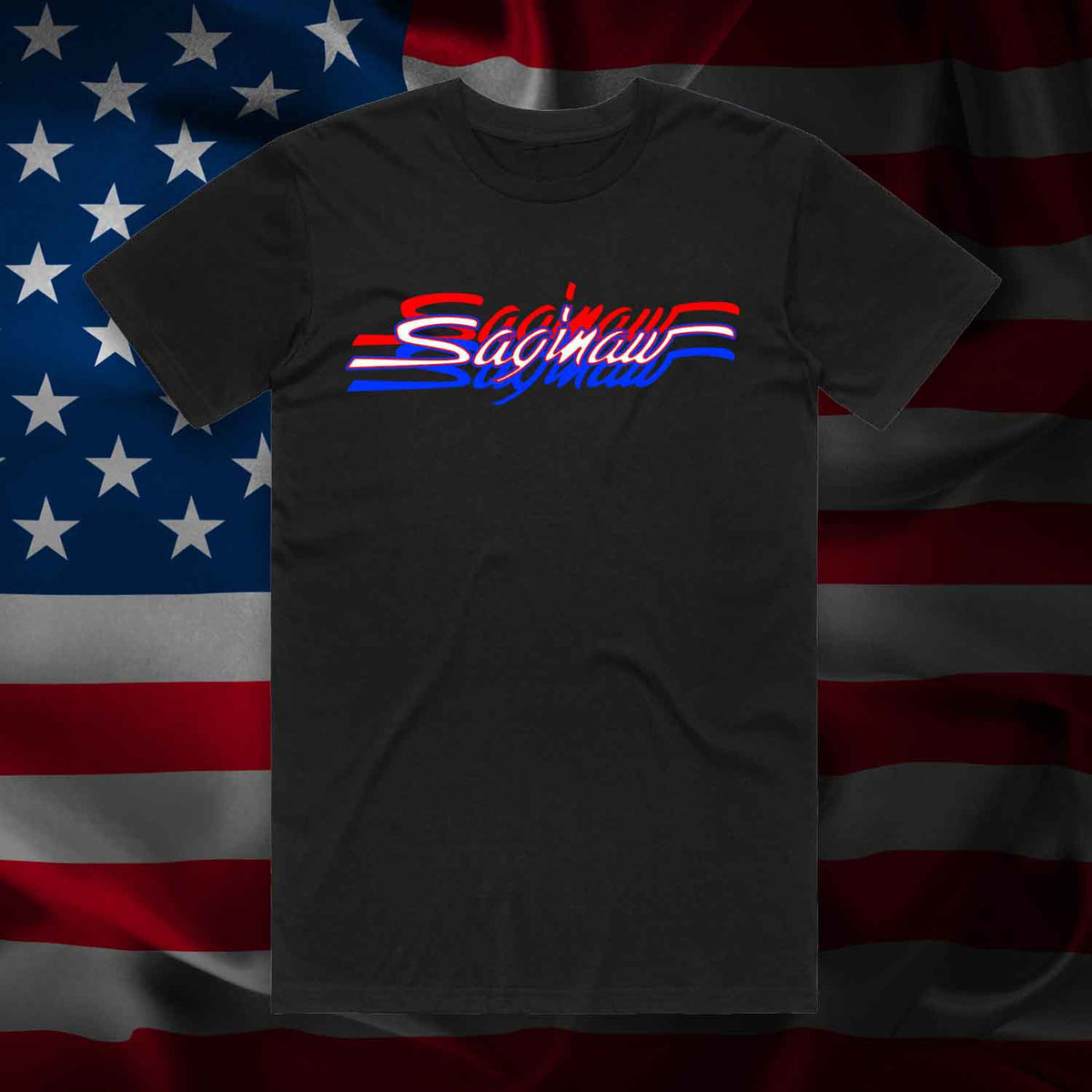 RED WHITE & BLUE SAGINAW SCRIPT TEE - BLACK