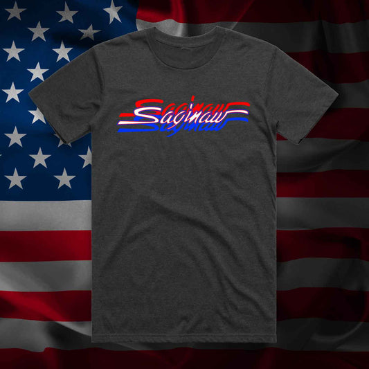 RED WHITE & BLUE SAGINAW SCRIPT TEE - HEATHER GREY