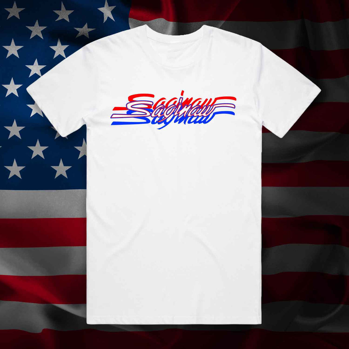 RED WHITE & BLUE SAGINAW SCRIPT TEE - WHITE