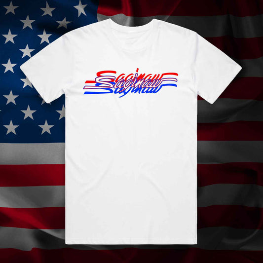 RED WHITE & BLUE SAGINAW SCRIPT TEE - WHITE