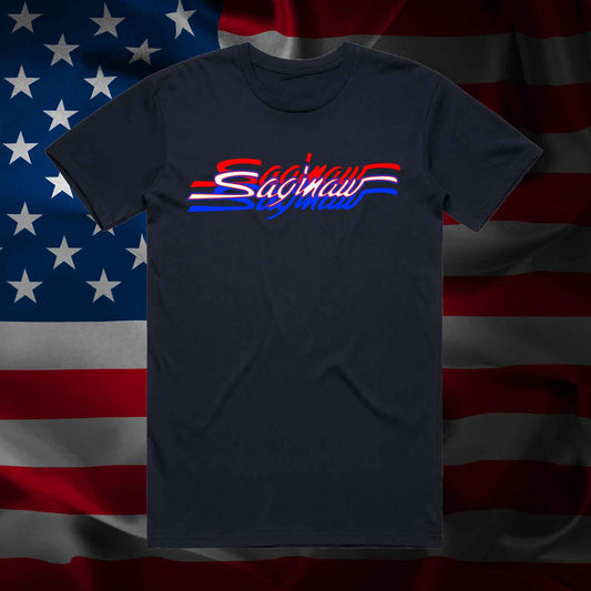 RED WHITE & BLUE SAGINAW SCRIPT TEE - NAVY