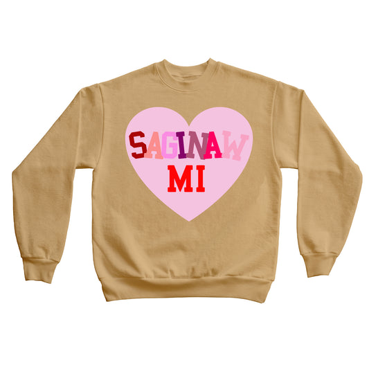SAGINAW STAGGERED HEART CREWNECK  - BISCUIT BROWN